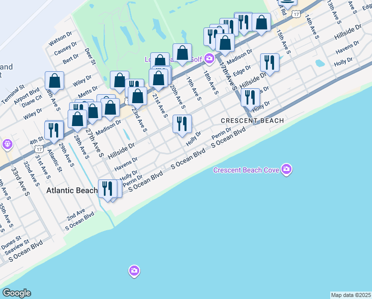 map of restaurants, bars, coffee shops, grocery stores, and more near 2018 Perrin Drive in North Myrtle Beach
