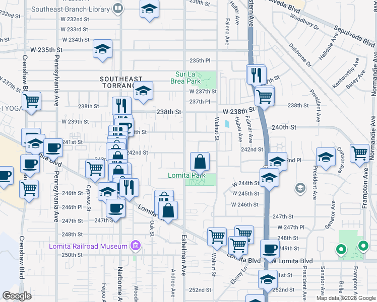 map of restaurants, bars, coffee shops, grocery stores, and more near 24122 Eshelman Avenue in Lomita