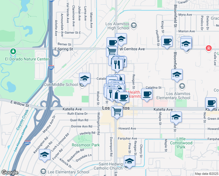 map of restaurants, bars, coffee shops, grocery stores, and more near 10802 Chestnut Street in Los Alamitos