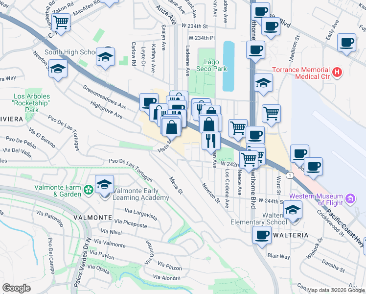 map of restaurants, bars, coffee shops, grocery stores, and more near 4134 Pacific Coast Highway in Torrance