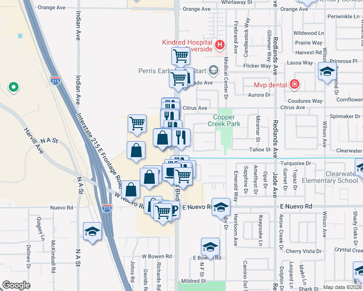 map of restaurants, bars, coffee shops, grocery stores, and more near 1826 Springtree Drive in Perris