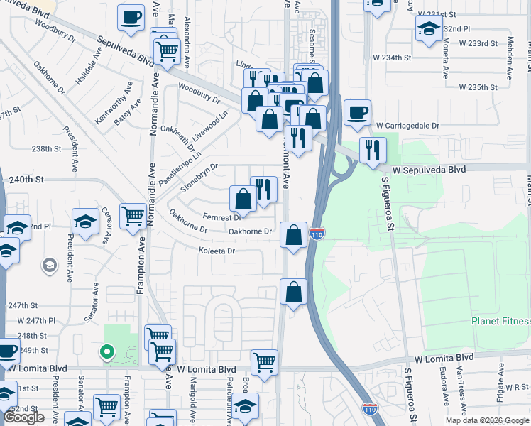 map of restaurants, bars, coffee shops, grocery stores, and more near 909 Fernrest Drive in West Carson