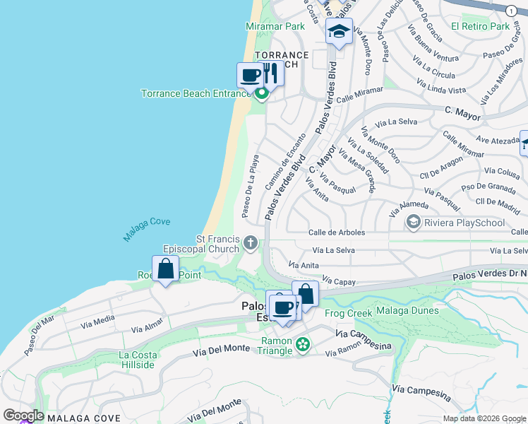 map of restaurants, bars, coffee shops, grocery stores, and more near 634 Camino de Encanto in Redondo Beach