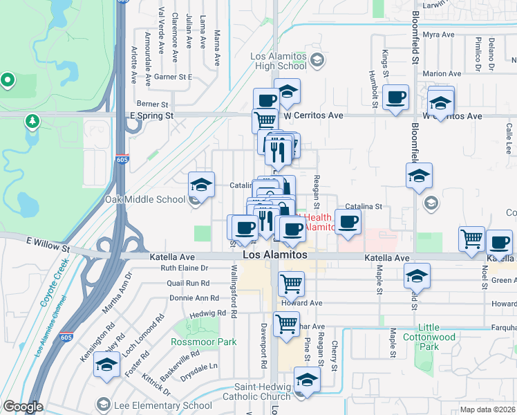map of restaurants, bars, coffee shops, grocery stores, and more near 10834 Chestnut Street in Los Alamitos