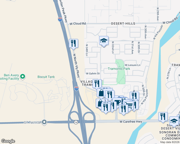 map of restaurants, bars, coffee shops, grocery stores, and more near 3426 West Galvin Lane in Phoenix
