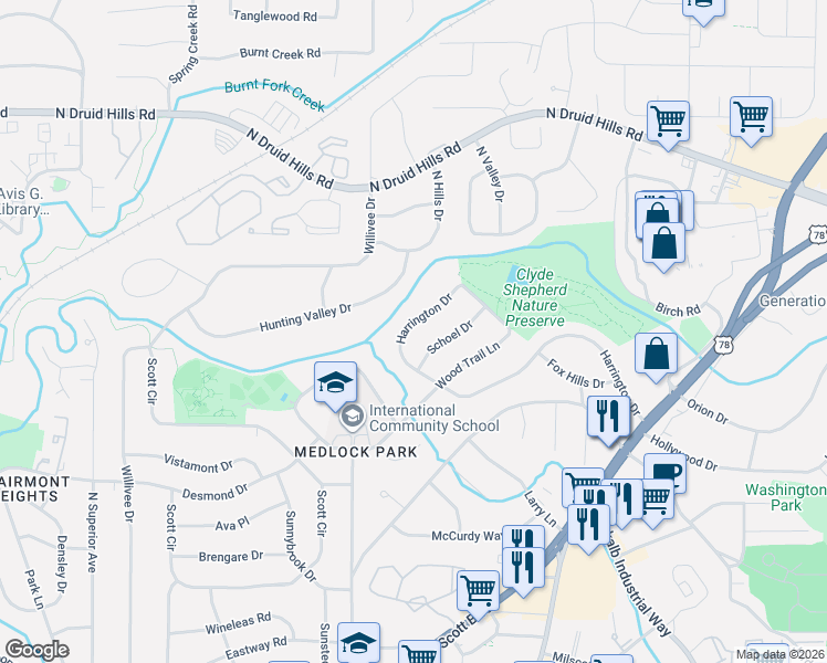 map of restaurants, bars, coffee shops, grocery stores, and more near 2432 Harrington Drive in Decatur