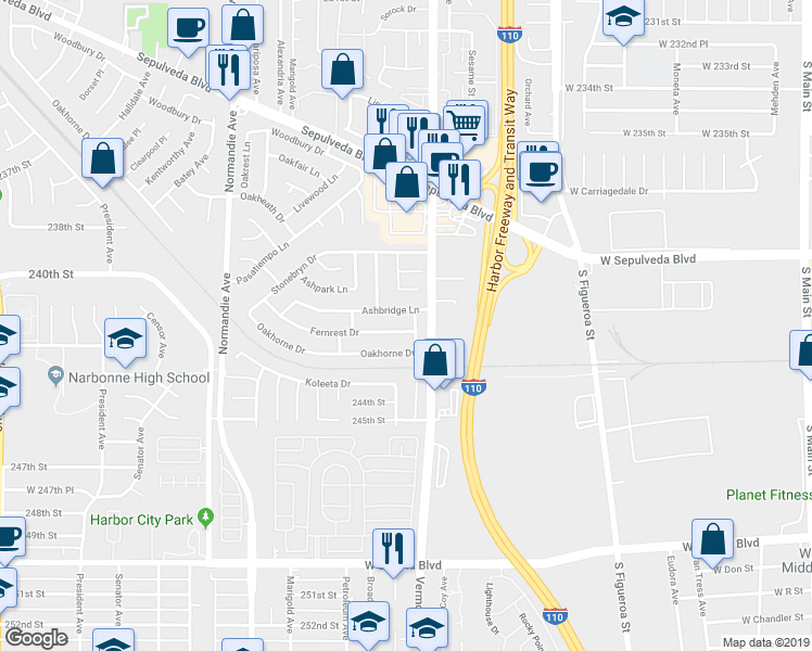map of restaurants, bars, coffee shops, grocery stores, and more near 909 Fernrest Drive in West Carson
