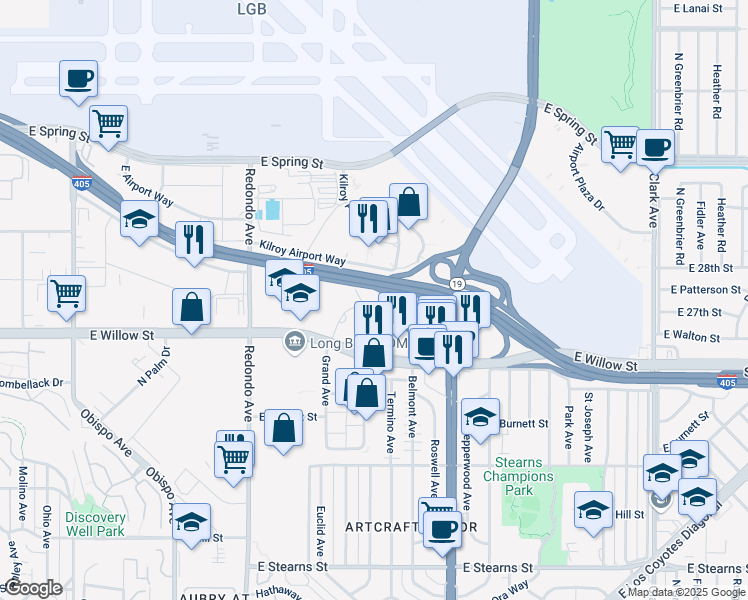 map of restaurants, bars, coffee shops, grocery stores, and more near 2666 Grand Avenue in Long Beach