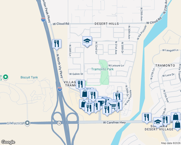 map of restaurants, bars, coffee shops, grocery stores, and more near 3314 West Galvin Street in Phoenix