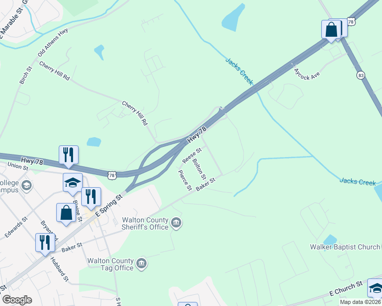 map of restaurants, bars, coffee shops, grocery stores, and more near 707 Reese Street in Monroe