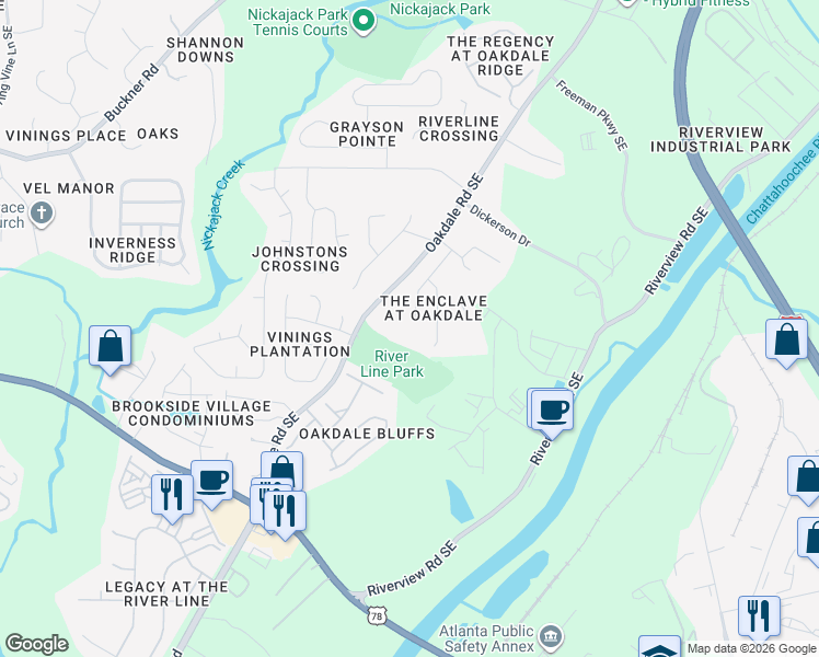 map of restaurants, bars, coffee shops, grocery stores, and more near 1503 Justine Way Southeast in Mableton