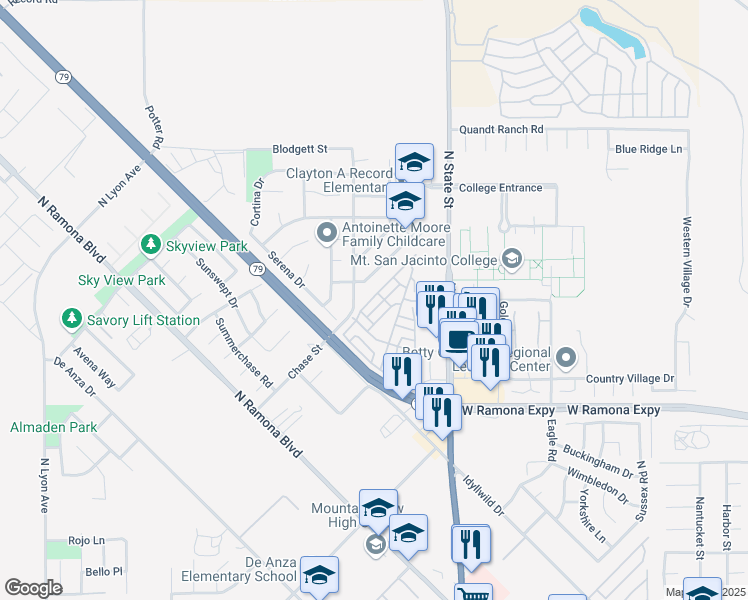 map of restaurants, bars, coffee shops, grocery stores, and more near 1367 Western Drive in San Jacinto