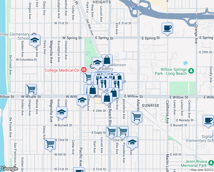 map of restaurants, bars, coffee shops, grocery stores, and more near 291 East Willow Street in Long Beach