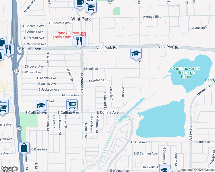 map of restaurants, bars, coffee shops, grocery stores, and more near 10791 Laconia Drive in Villa Park