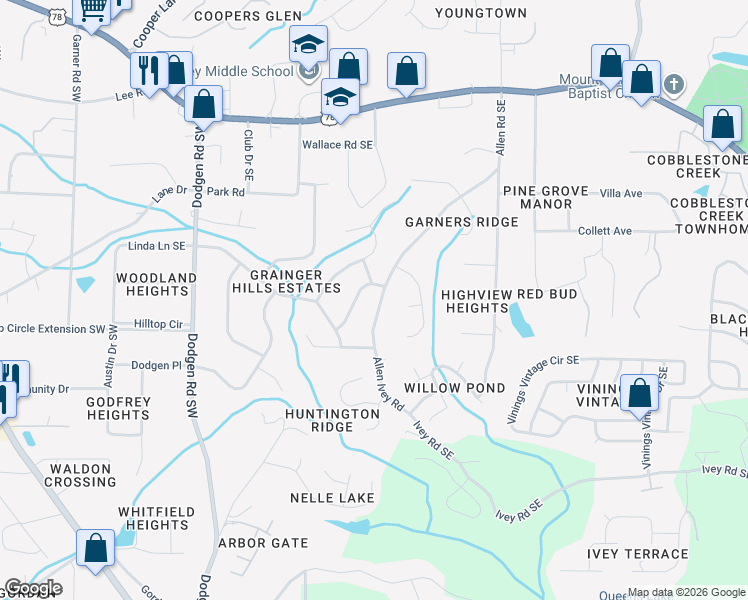 map of restaurants, bars, coffee shops, grocery stores, and more near 6077 Allen Road Southeast in Mableton