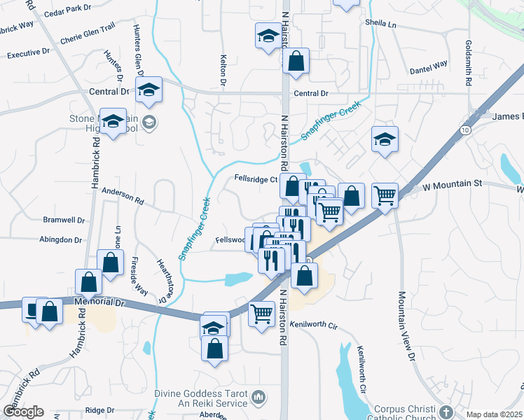 map of restaurants, bars, coffee shops, grocery stores, and more near 4748 Fellsridge Drive in Stone Mountain