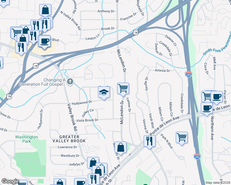 map of restaurants, bars, coffee shops, grocery stores, and more near 3134 Vine Circle in Decatur
