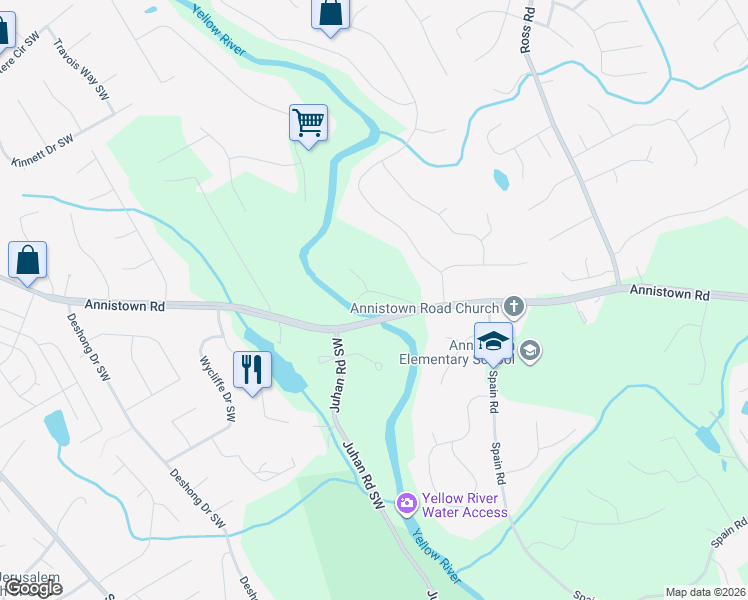 map of restaurants, bars, coffee shops, grocery stores, and more near 4670 Old Annistown Bridge Road in Snellville