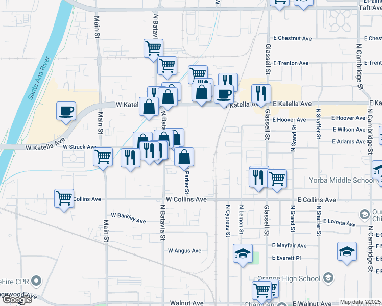 map of restaurants, bars, coffee shops, grocery stores, and more near 1091 North Parker Street in Orange