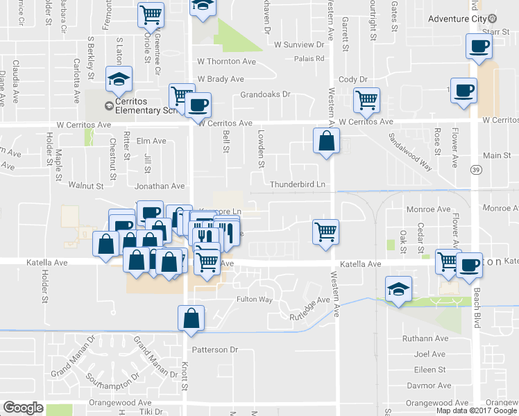 map of restaurants, bars, coffee shops, grocery stores, and more near 10820 Keenan Place in Stanton