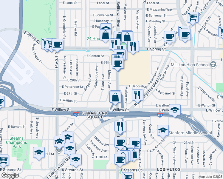 map of restaurants, bars, coffee shops, grocery stores, and more near 2721 Montair Avenue in Long Beach