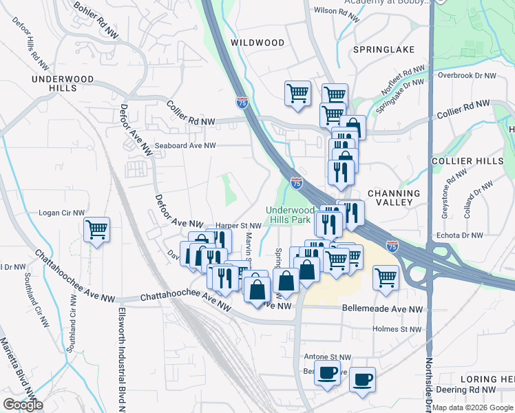 map of restaurants, bars, coffee shops, grocery stores, and more near 1855 Woodland Hills Avenue Northwest in Atlanta
