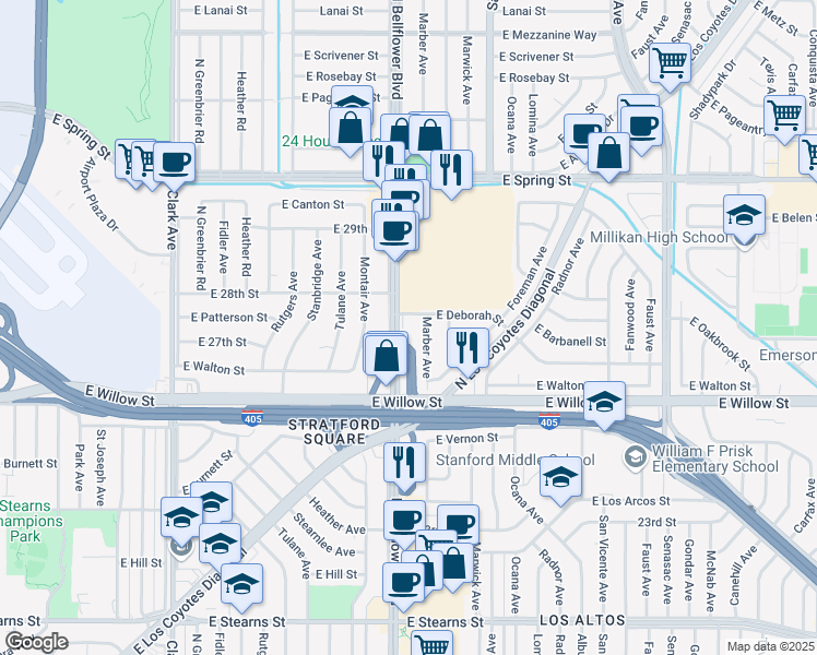 map of restaurants, bars, coffee shops, grocery stores, and more near 2700 East Deborah Street in Long Beach