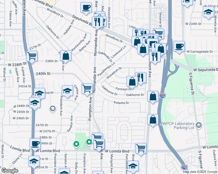 map of restaurants, bars, coffee shops, grocery stores, and more near 1118 Fernrest Drive in West Carson