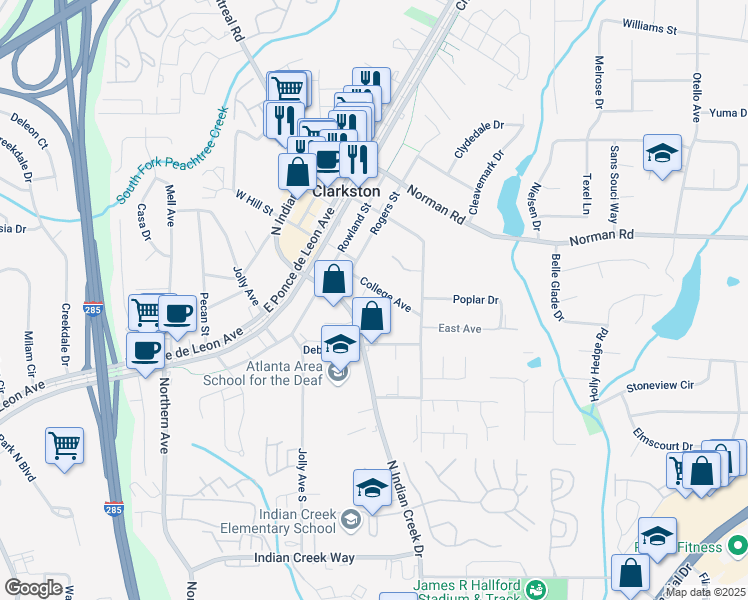 map of restaurants, bars, coffee shops, grocery stores, and more near 3701 College Avenue in Clarkston