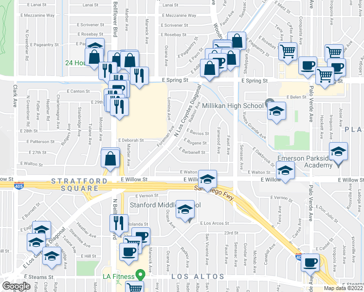 map of restaurants, bars, coffee shops, grocery stores, and more near 5825 East Barbanell Street in Long Beach