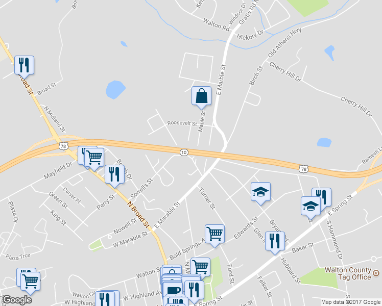 map of restaurants, bars, coffee shops, grocery stores, and more near U.S. 78 in Monroe