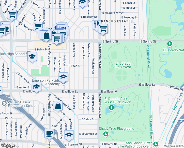 map of restaurants, bars, coffee shops, grocery stores, and more near 2715 Petaluma Avenue in Long Beach