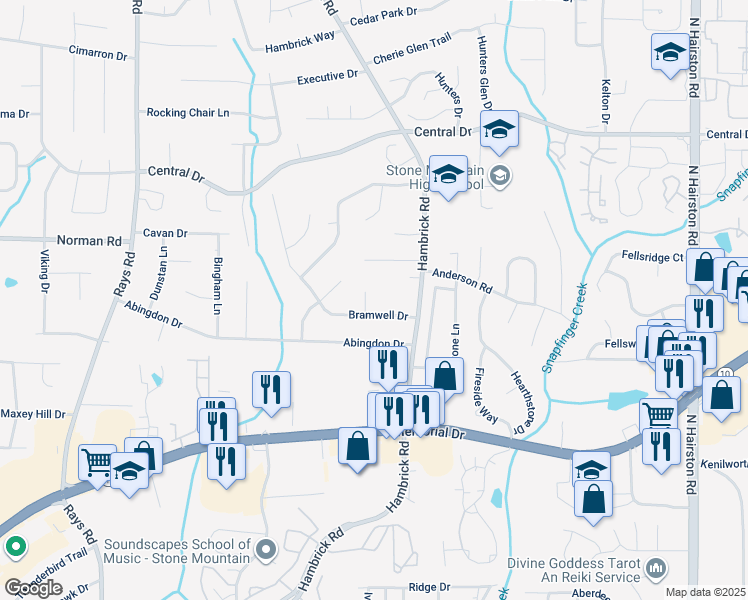 map of restaurants, bars, coffee shops, grocery stores, and more near 951 Bramwell Court in Stone Mountain