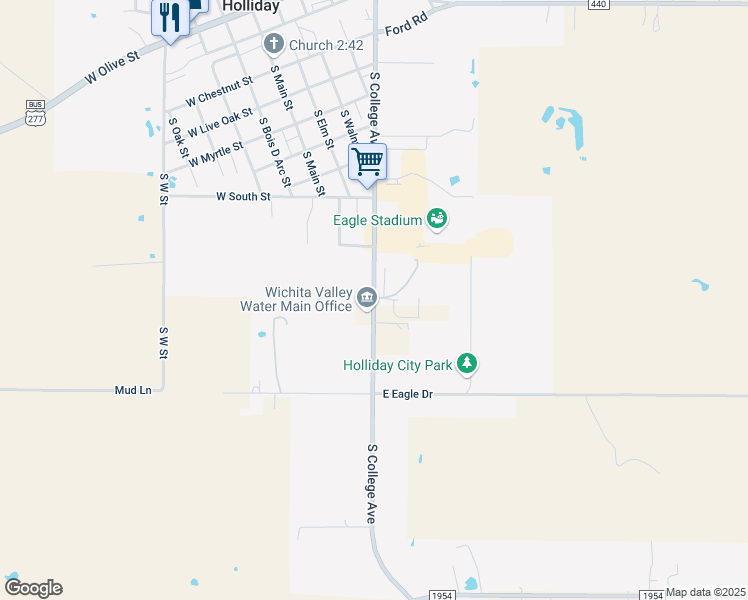 map of restaurants, bars, coffee shops, grocery stores, and more near South College Avenue in Holliday
