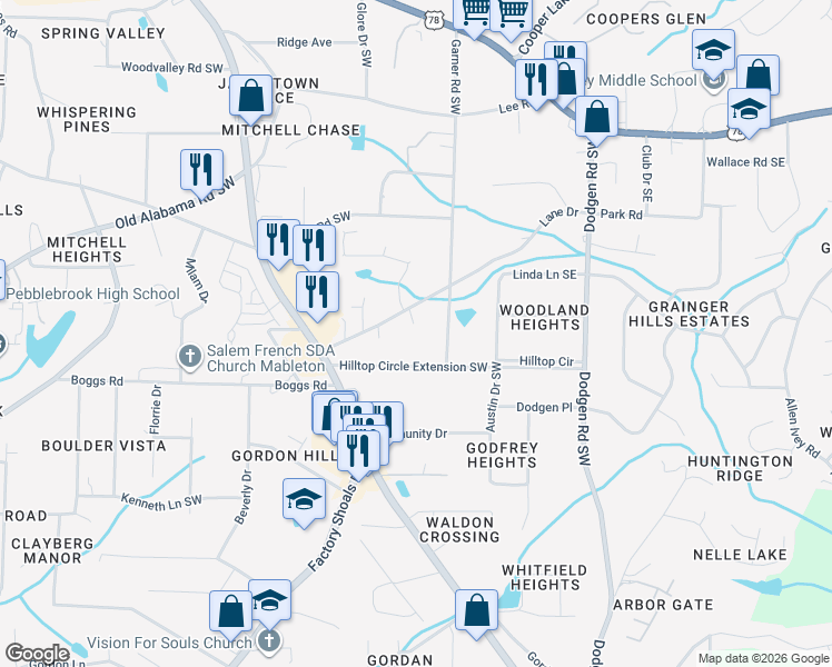 map of restaurants, bars, coffee shops, grocery stores, and more near 385 Lane Drive in Mableton