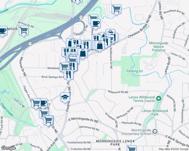 map of restaurants, bars, coffee shops, grocery stores, and more near 1866 Wildwood Place Northeast in Atlanta