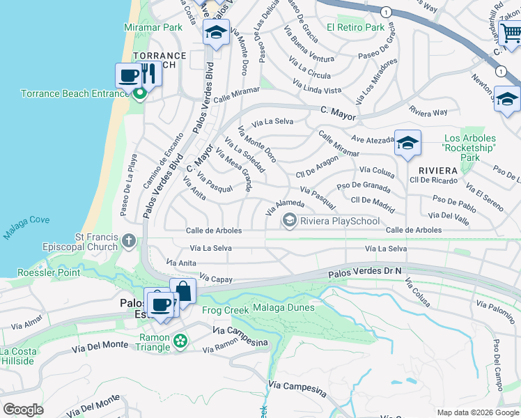 map of restaurants, bars, coffee shops, grocery stores, and more near 408 Vía La Soledad in Redondo Beach