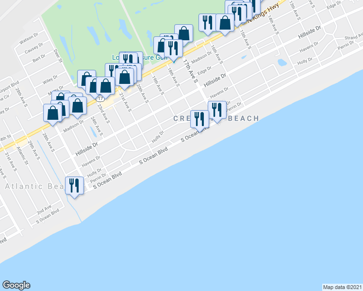 map of restaurants, bars, coffee shops, grocery stores, and more near 1905 South Ocean Boulevard in North Myrtle Beach