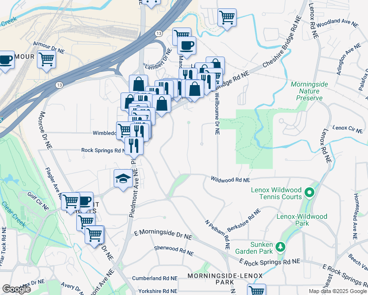 map of restaurants, bars, coffee shops, grocery stores, and more near 1866 Wildwood Place Northeast in Atlanta
