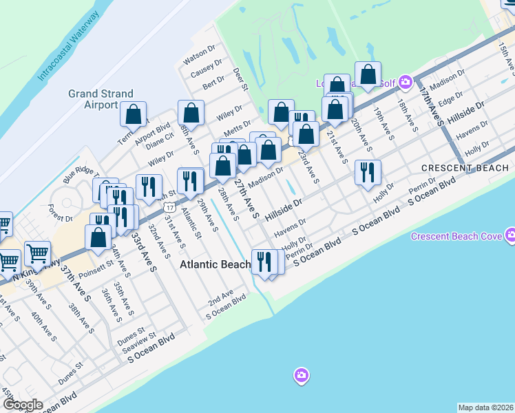 map of restaurants, bars, coffee shops, grocery stores, and more near 608 27th Avenue South in North Myrtle Beach
