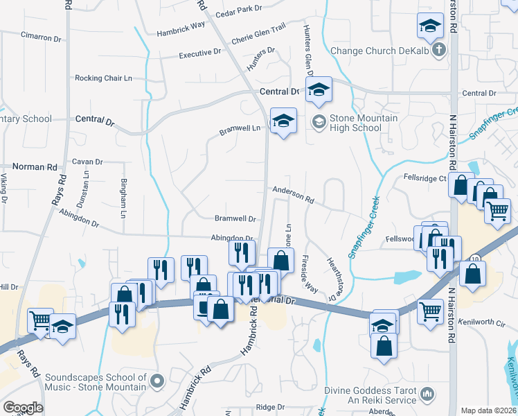 map of restaurants, bars, coffee shops, grocery stores, and more near 930 Hambrick Road in Stone Mountain