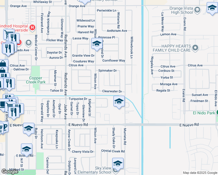 map of restaurants, bars, coffee shops, grocery stores, and more near 697 Mariner Drive in Perris