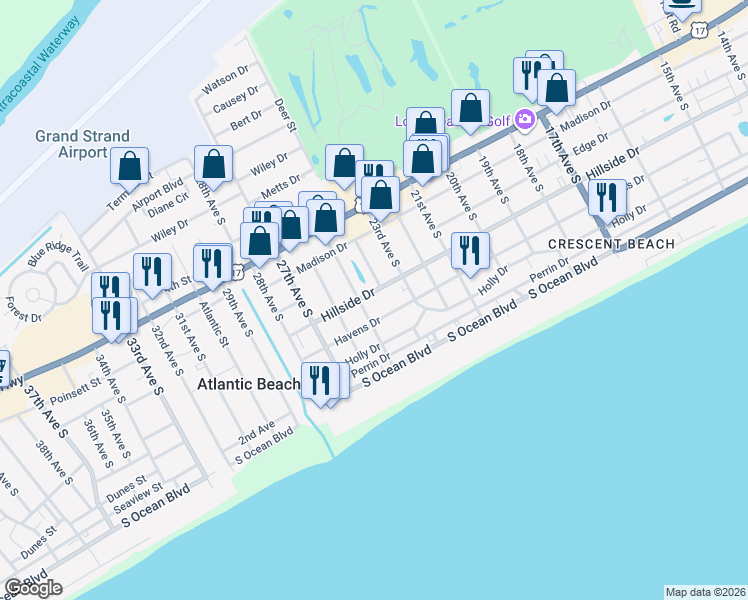 map of restaurants, bars, coffee shops, grocery stores, and more near 2405 Hillside Drive South in North Myrtle Beach