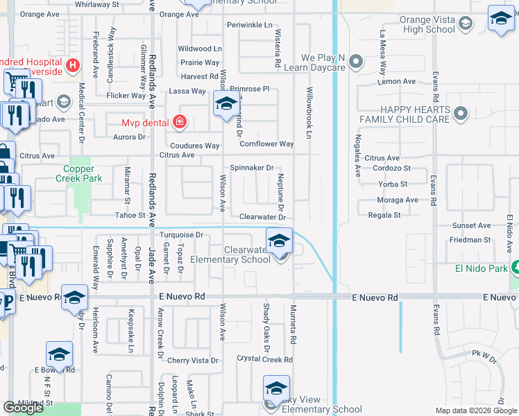 map of restaurants, bars, coffee shops, grocery stores, and more near 709 Mariner Drive in Perris