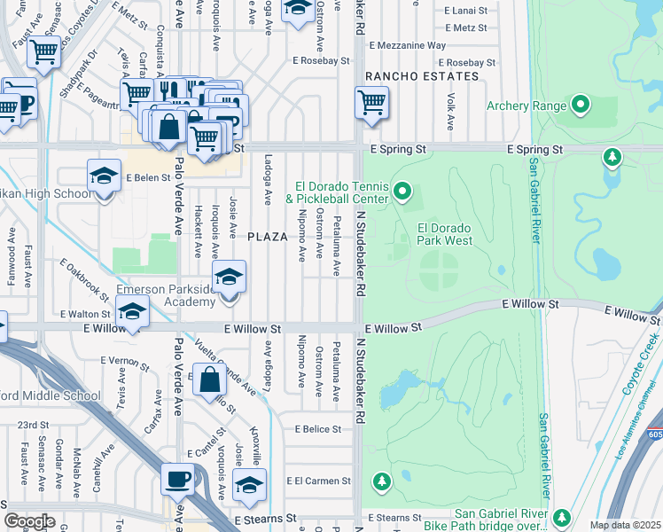 map of restaurants, bars, coffee shops, grocery stores, and more near 2715 Petaluma Avenue in Long Beach