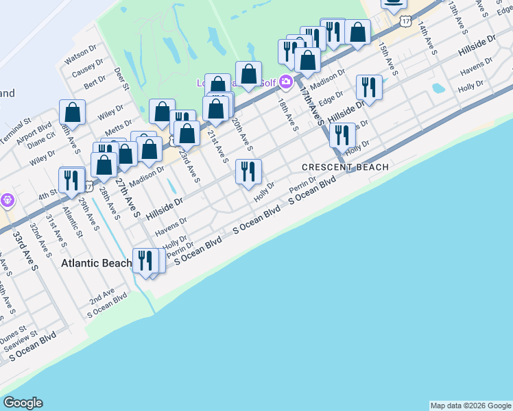 map of restaurants, bars, coffee shops, grocery stores, and more near 2018 Perrin Drive in North Myrtle Beach