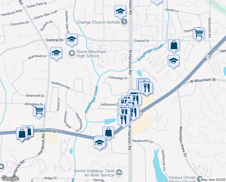 map of restaurants, bars, coffee shops, grocery stores, and more near 4698 Fellsridge Drive in Stone Mountain