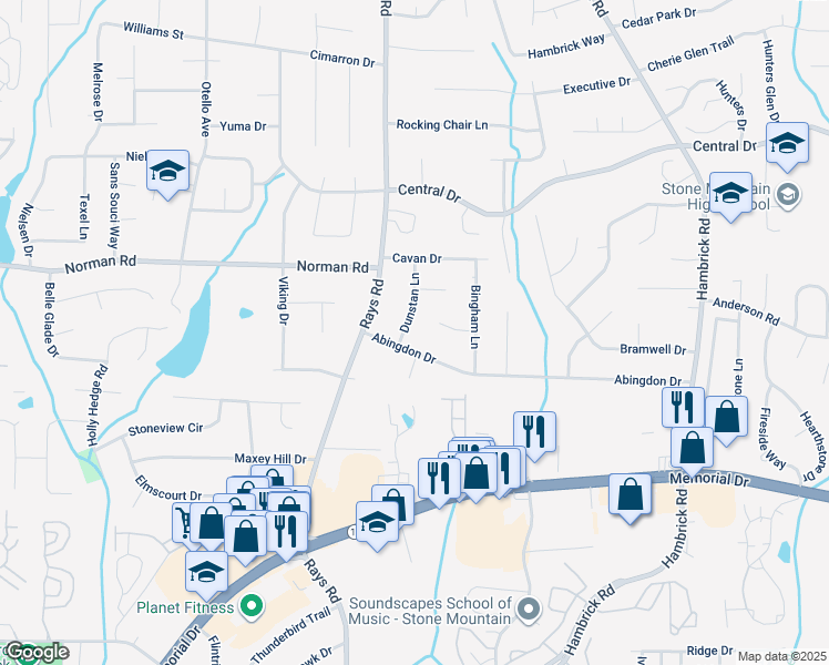 map of restaurants, bars, coffee shops, grocery stores, and more near 4239 Bingham Court in Stone Mountain