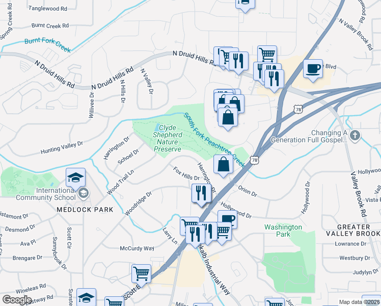 map of restaurants, bars, coffee shops, grocery stores, and more near 2670 Harrington Drive in Decatur