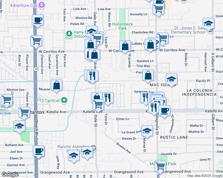 map of restaurants, bars, coffee shops, grocery stores, and more near 10800 Dale Avenue in Stanton